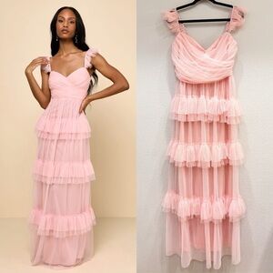 Size‎ XL Lulus Pure Radiance Pink Mesh Swiss Dot Tiered Maxi Dress